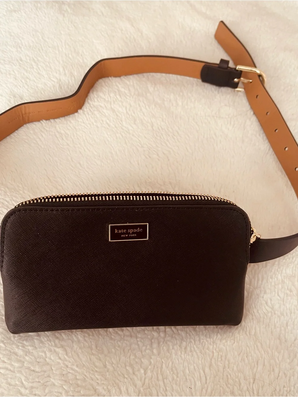 kate spade black leather crossbody belt bag with tan strap